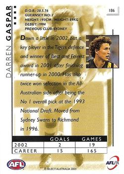 2003 Select XL AFL #186 Darren Gaspar Back